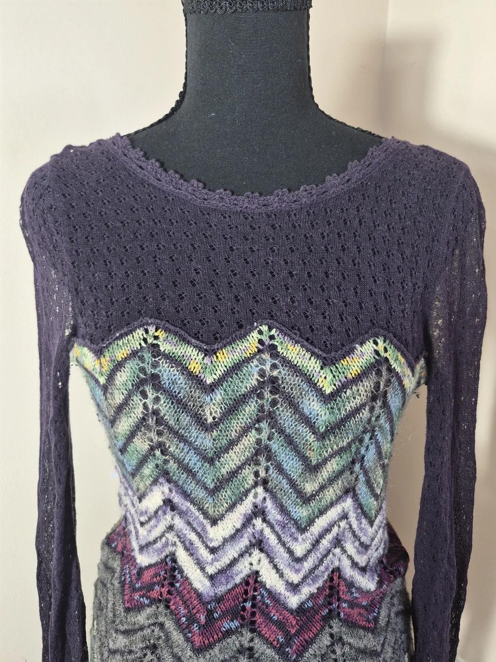 Free People Dress Womens XS Crochet Knit Chevron Bell Sleeve Scoop Back